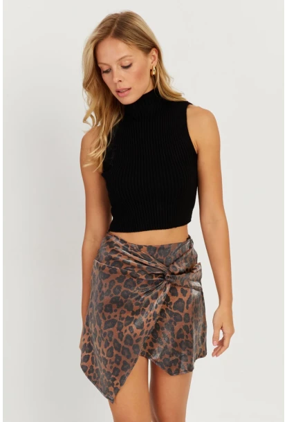 Kadın Camel-Siyah Önü Düğümlü Mini Leopar Etek NH89