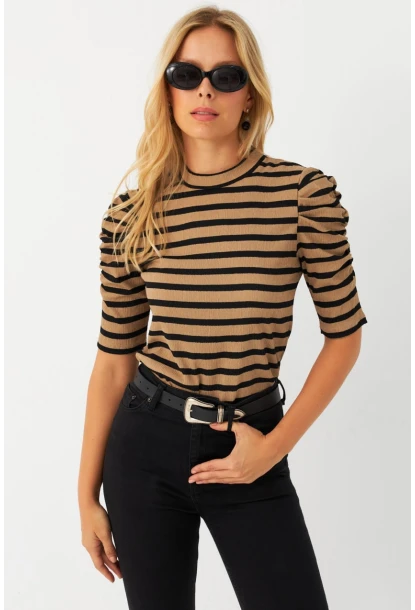 Kadın Camel-Siyah Prenses Kol Bluz MAYD12