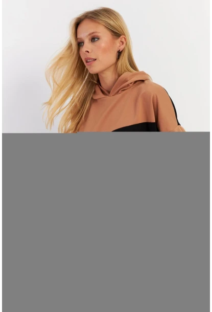 Kadın Camel-Siyah Renk Bloklu Kapüşonlu Sweatshirt DA148