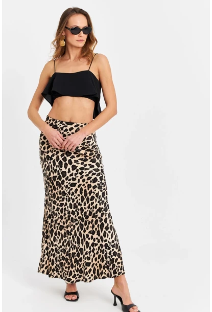 Kadın Camel-Siyah Saten Leopar Etek CAR2431