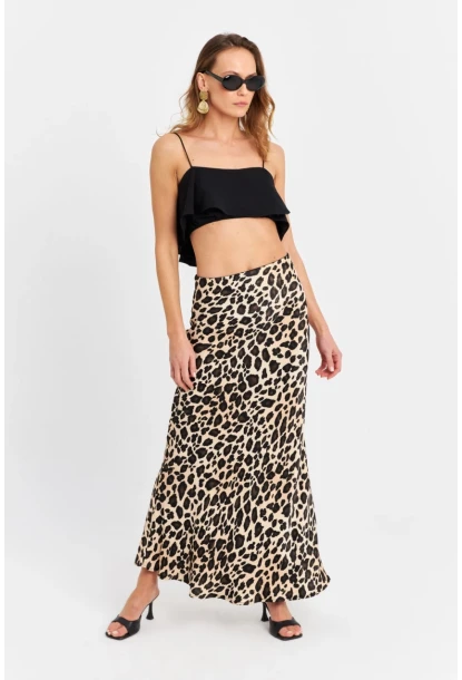Kadın Camel-Siyah Saten Leopar Etek CAR2431