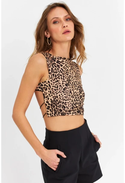 Kadın Camel-Siyah Sırtı Açık Leopar Crop Bluz ZH138