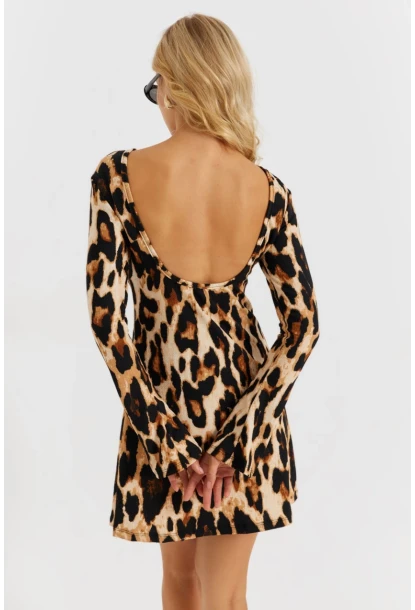 Kadın Camel-Siyah Sırtı Açık Leopar Desenli Midi Elbise EY2891