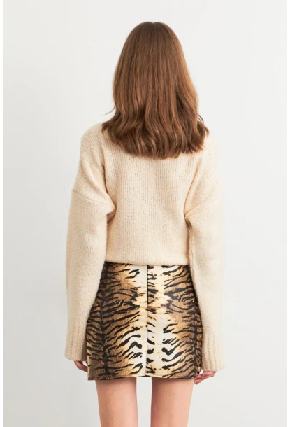 Kadın Camel-Siyah Suni Deri Zebra Desenli Mini Etek NH24475