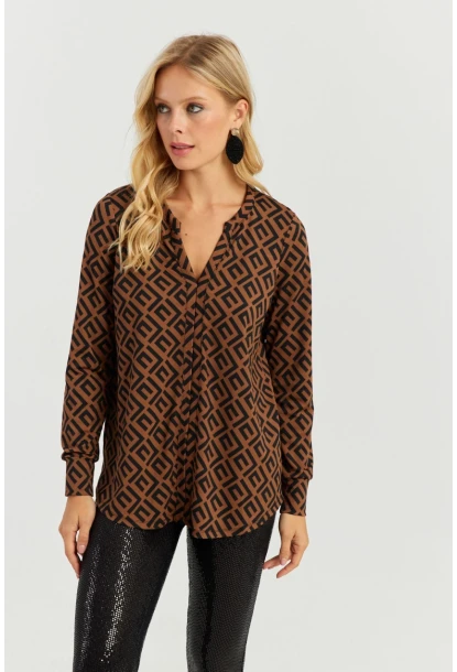 Kadın Camel-Siyah V Yaka Bluz AYD258