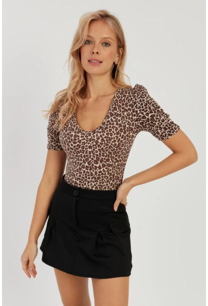 Kadın Camel-Siyah V Yaka Leopar Bluz LPP1263