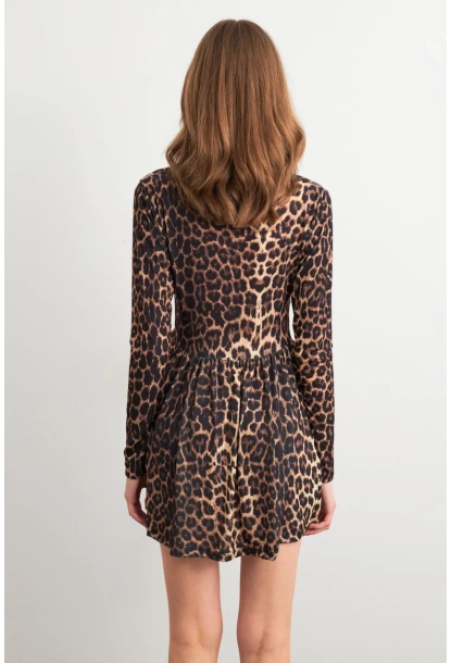 Kadın Camel-Siyah V Yaka Leopar Mini Elbise LİK17
