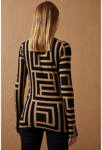 Kadın Camel-Siyah Yarım Balıkçı Desenli Bluz LPP1147