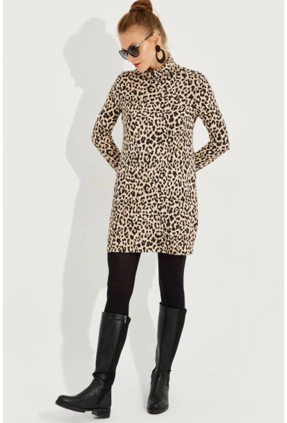 Kadın Camel-Siyah Yumoş Leopar Mini Elbise AYD253