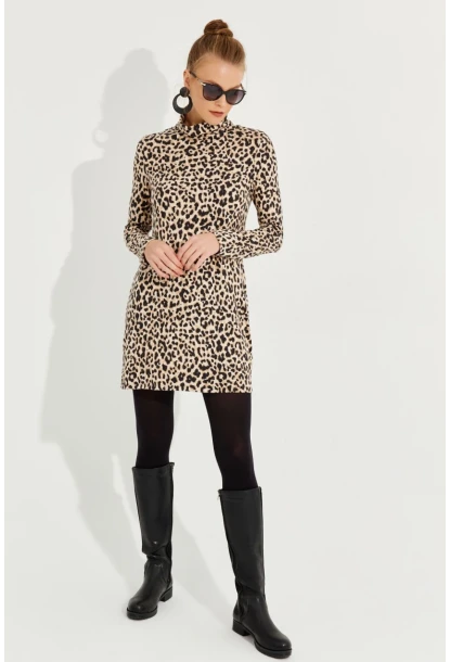 Kadın Camel-Siyah Yumoş Leopar Mini Elbise AYD253