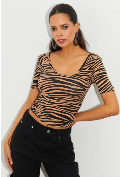 Kadın Camel-Siyah Zebra Desenli Bluz LPP1224