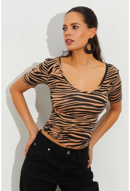 Kadın Camel-Siyah Zebra Desenli Bluz LPP1224