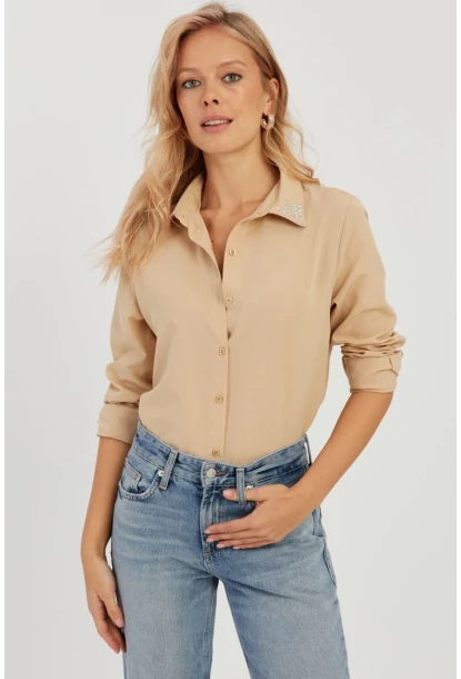 Kadın Camel Taş Detaylı Gömlek ZER402
