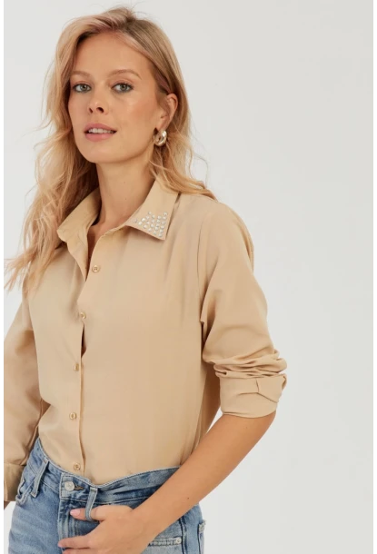 Kadın Camel Taş Detaylı Gömlek ZER402