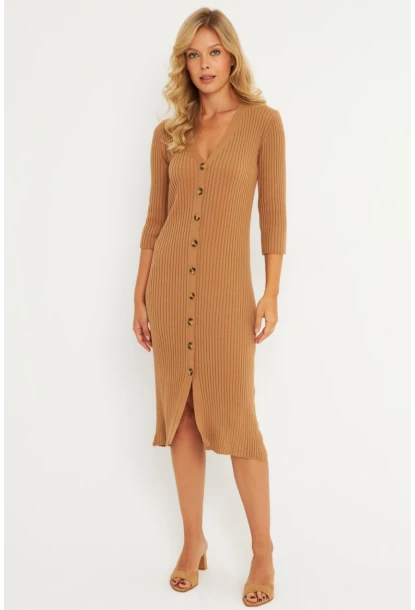 Kadın Camel Triko Midi Gömlek Elbise YV274