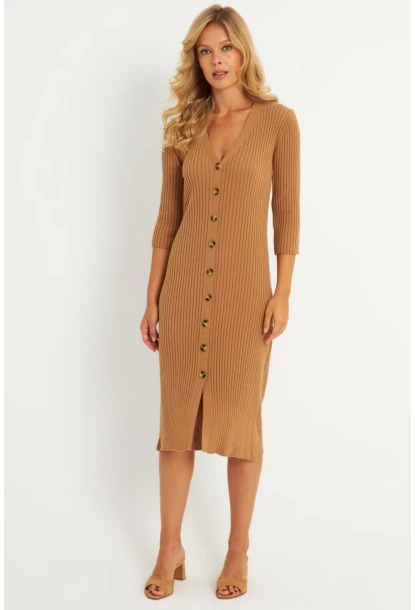 Kadın Camel Triko Midi Gömlek Elbise YV274