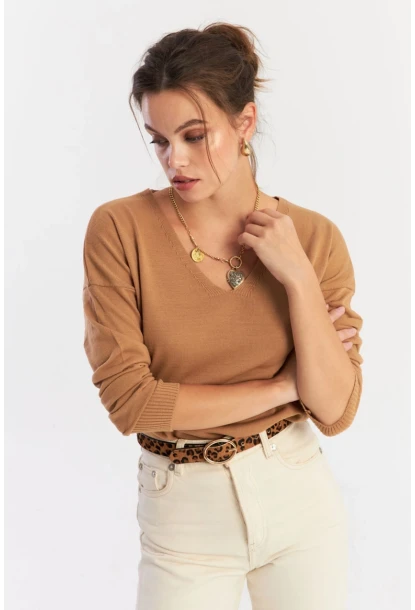 Kadın Camel V Yaka Yalaş Triko Bluz YİL552