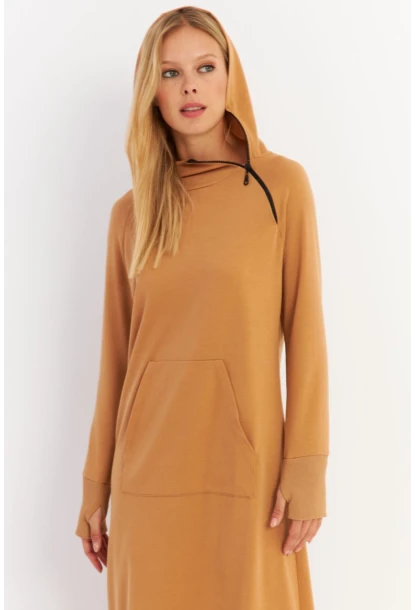 Kadın Camel Yakası Fermuarlı Maxi Sweat Elbise TF12