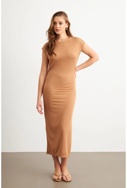 Kadın Camel Yanları Büzgülü Midi Elbise MK35