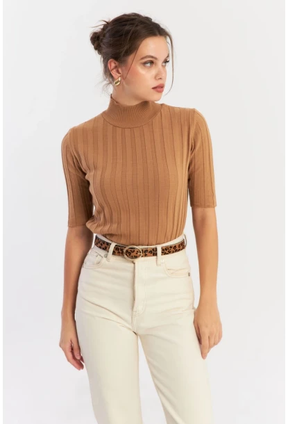 Kadın Camel Yarım Balıkçı Triko Bluz YV287