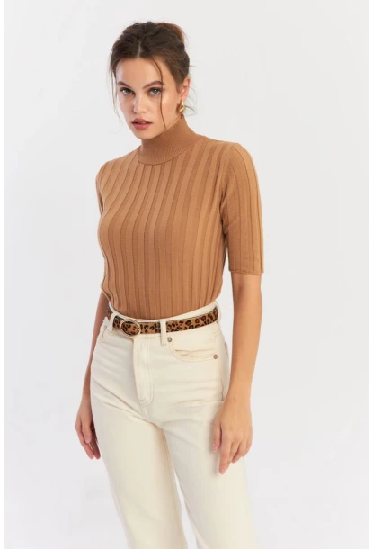 Kadın Camel Yarım Balıkçı Triko Bluz YV287