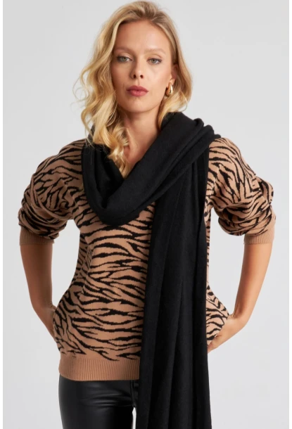 Kadın Camel Zebra Desenli Triko Kazak YZ521