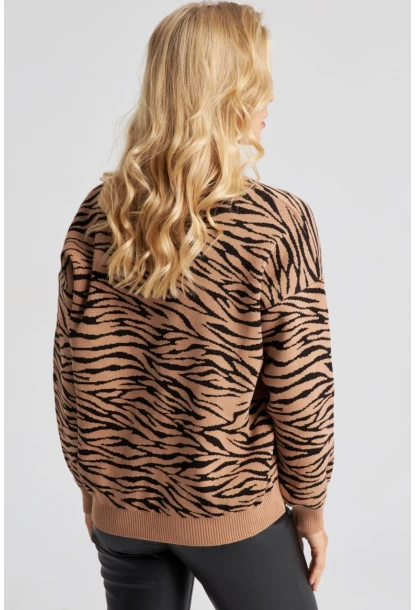 Kadın Camel Zebra Desenli Triko Kazak YZ521
