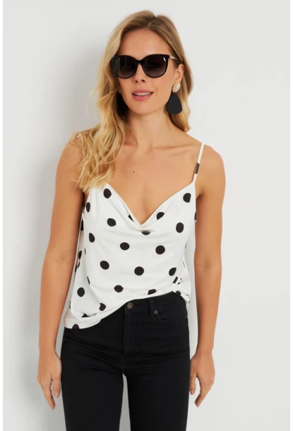 Kadın Degaje Yaka Puantiyeli Bluz Beyaz-Siyah LPP1255