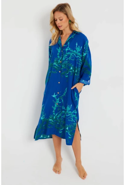 Kadın Desenli Gömlek Elbise Saks LV174