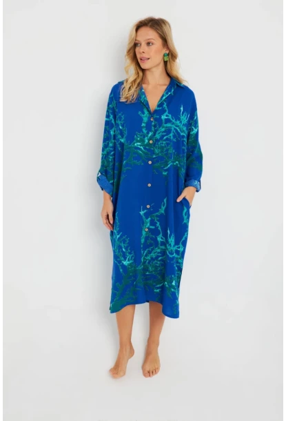 Kadın Desenli Gömlek Elbise Saks LV174