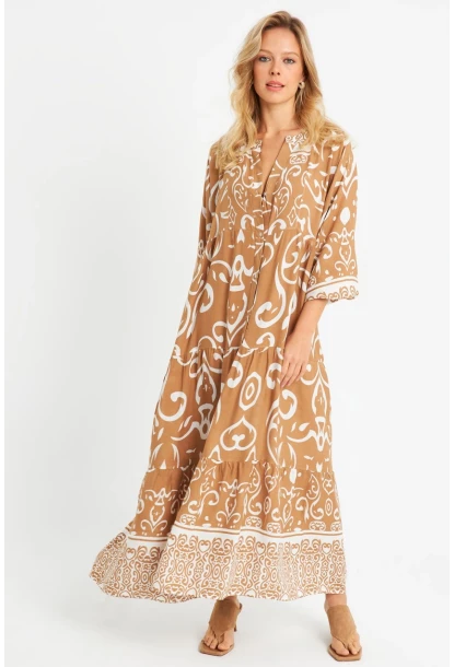 Kadın Desenli Salaş Maxi Elbise Camel Q981