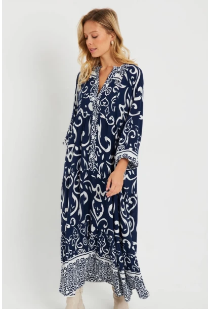 Kadın Desenli Salaş Maxi Elbise Lacivert Q981