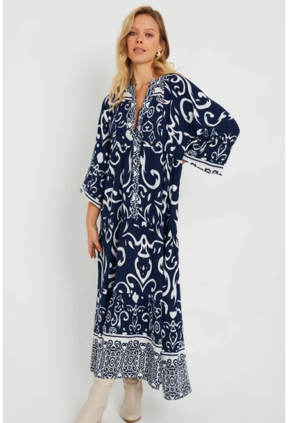 Kadın Desenli Salaş Maxi Elbise Lacivert Q981
