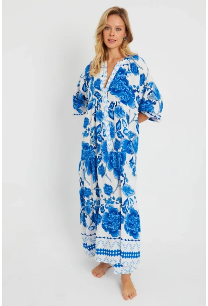 Kadın Desenli Salaş Maxi Elbise Mavi Q981