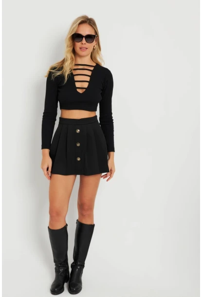 Kadın Düğme Detaylı Şort Etek Siyah KED0051