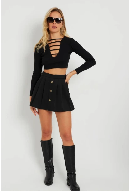 Kadın Düğme Detaylı Şort Etek Siyah KED0051