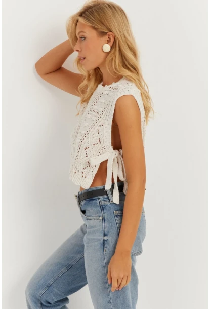 Kadın Ekru Ajurlu Bağlamalı Süveter MİW0661