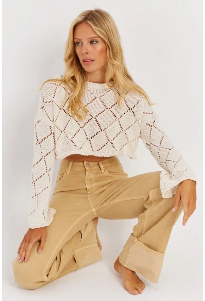Kadın Ekru Ajurlu Kısa Triko Bluz YZ628