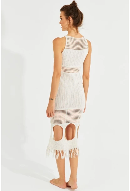 Kadın Ekru Ajurlu Maxi Plaj Elbisesi KZ521