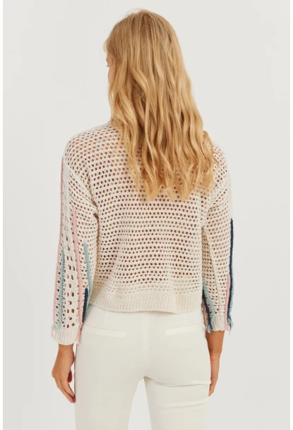 Kadın Ekru Ajurlu Renkli Triko Bluz MİW2761