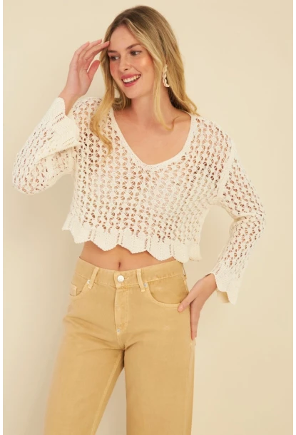 Kadın Ekru Ajurlu Triko Bluz MZU603