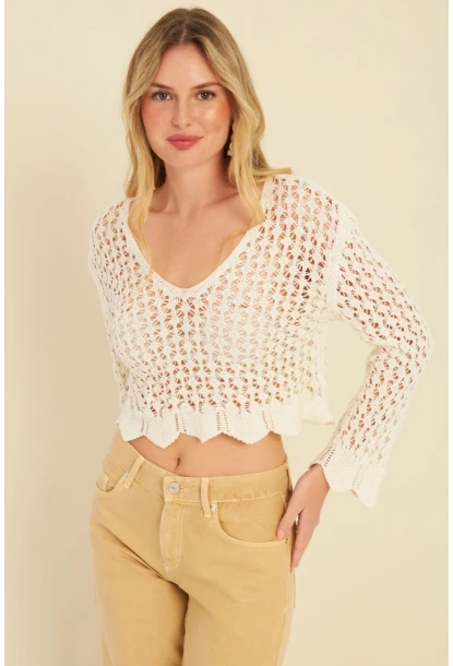 Kadın Ekru Ajurlu Triko Bluz MZU603