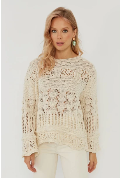 Kadın Ekru Ajurlu Triko Bluz YZ620