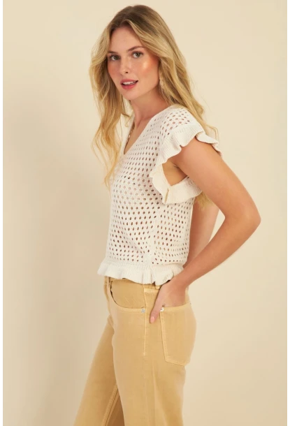 Kadın Ekru Ajurlu Triko Bluz ZU607