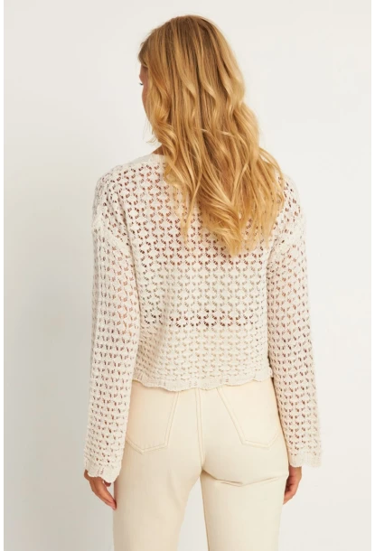 Kadın Ekru Ajurlu Triko Hırka YV248