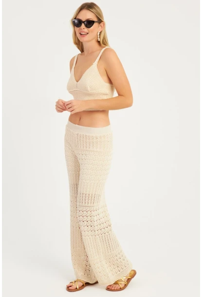 Kadın Ekru Ajurlu Triko Pantolon YZ3062