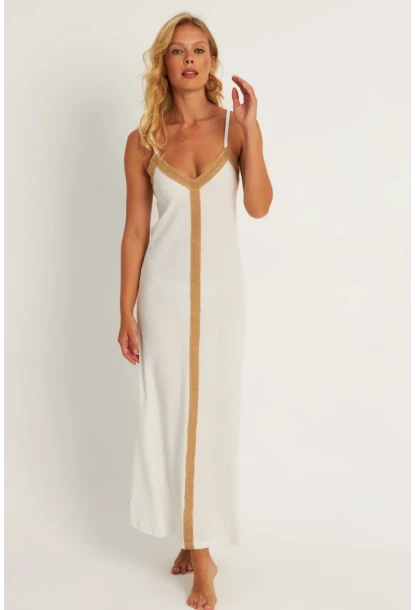 Kadın Ekru Aksesuarlı Bürümcük Midi Plaj Elbise EY2839