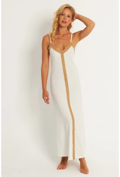 Kadın Ekru Aksesuarlı Bürümcük Midi Plaj Elbise EY2839