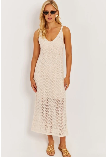 Kadın Ekru Askılı Astarlı Elbise YZ629