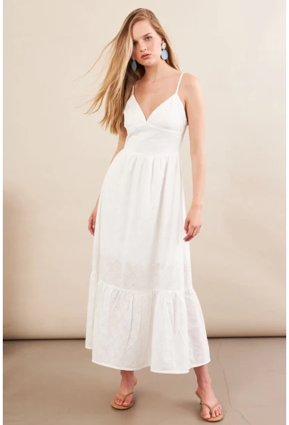 Kadın Ekru Ayarlanabilir Askılı Fistolu Midi Elbise İRE100